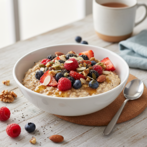 Sveikas pusryčių dubuo su pilno grūdo avižiniais dribsniais ir šviežiomis uogomis